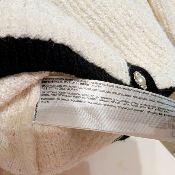 Mango MNG Pocket Tweed Cardigan Sweater Large Off White Black Cotton Blend EUC - Picture 14 of 15